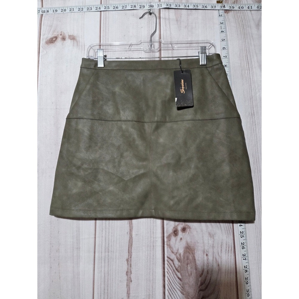 Shinestar Faux Leather Mini Skirt Ladies Large Olive Green‎ A-Line Casual Party